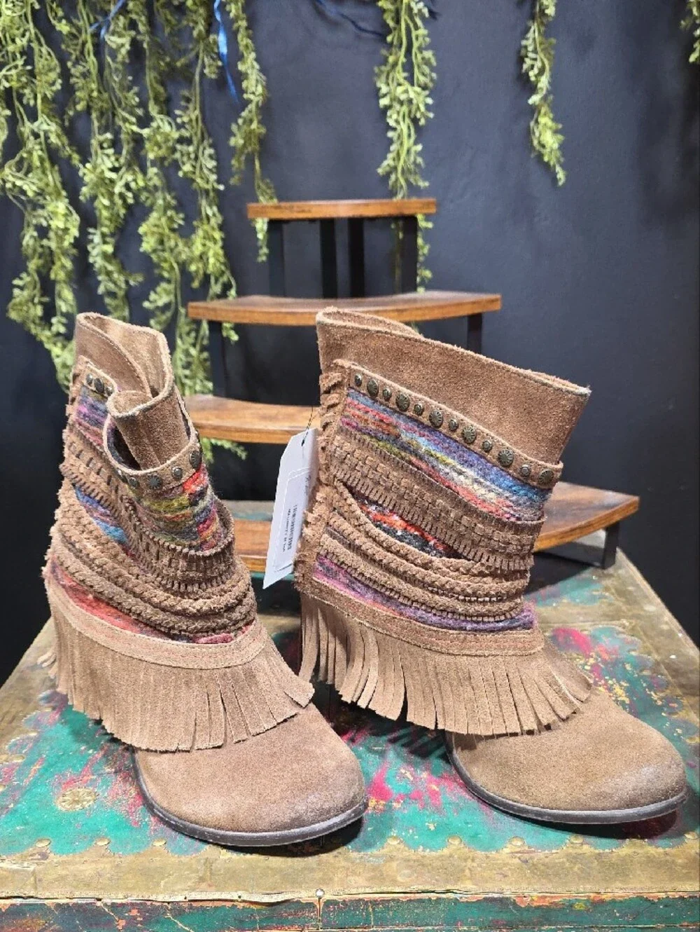 Naughty Monkey Brown Suede Fringe Ankle Boots with Multicolor Yarn Trim